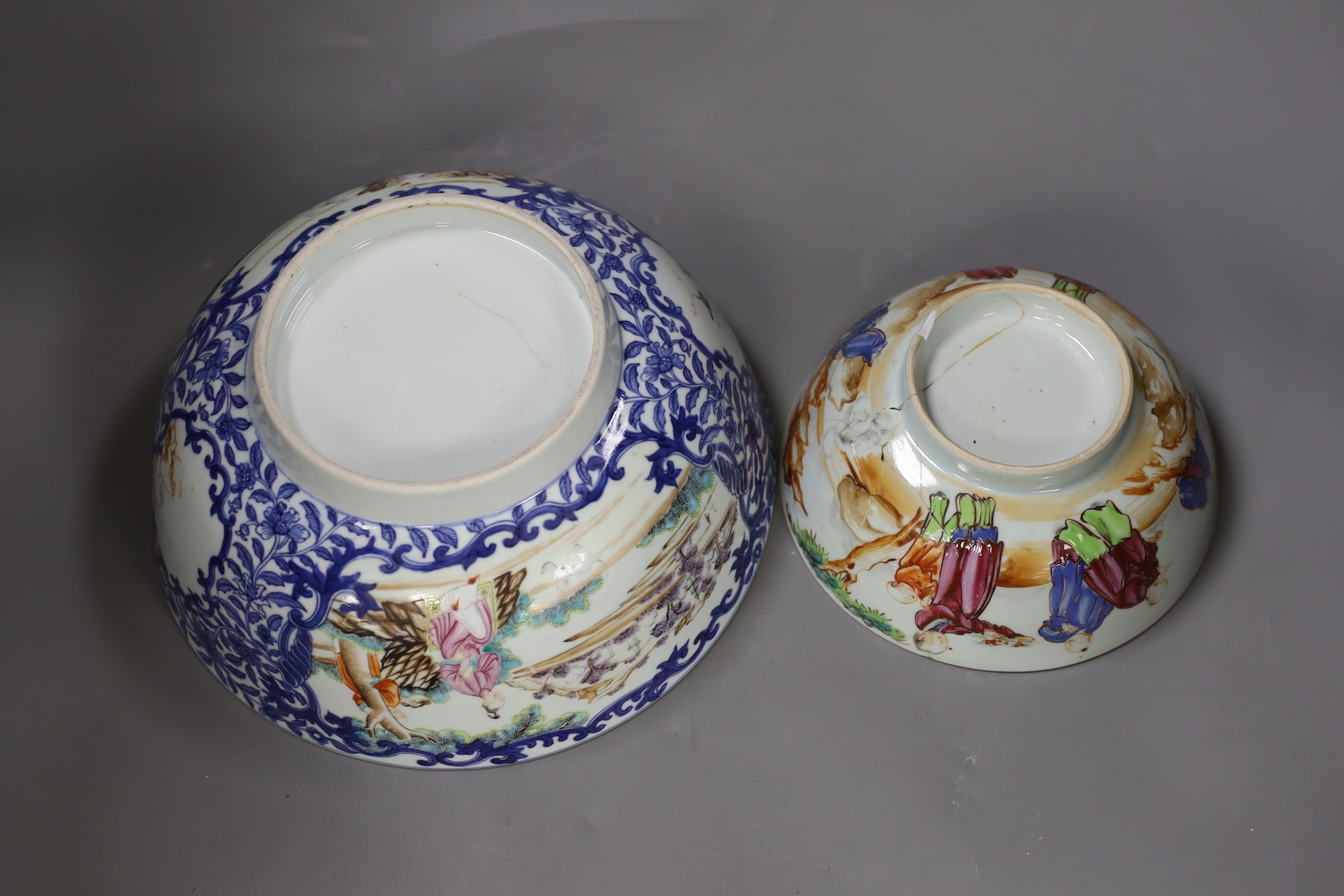Two 18th century Chinese export famille rose bowls (a.f) largest 26cm diameter